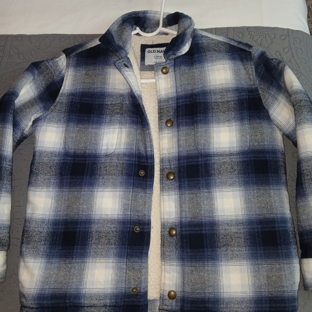 Old Navy Thick Shacket Navy and White Plaid Jacket Size Large 10/12. EUC.